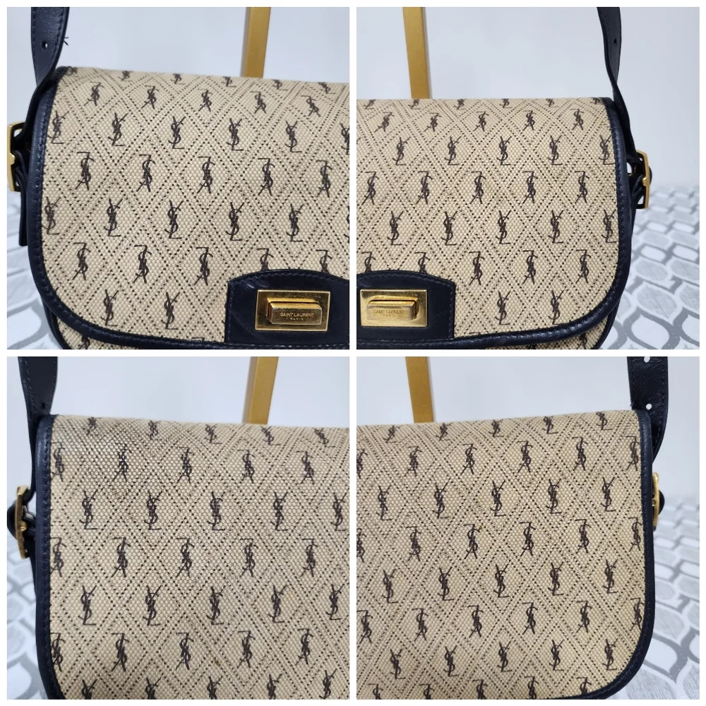 Yves Saint LaurentBeige/Navy Canvas Monogram Satchel Crossbody Bag